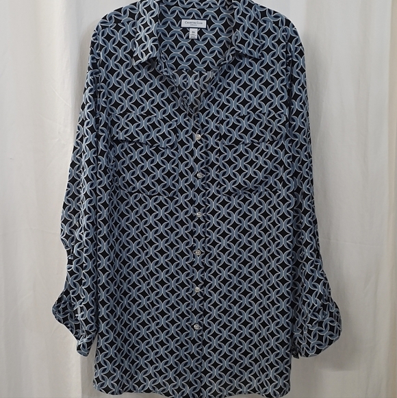 Charter Club Tops - Charter Club 3X Geometric Roll Tab Button Front Georgette Tunic Top Blouse Blue